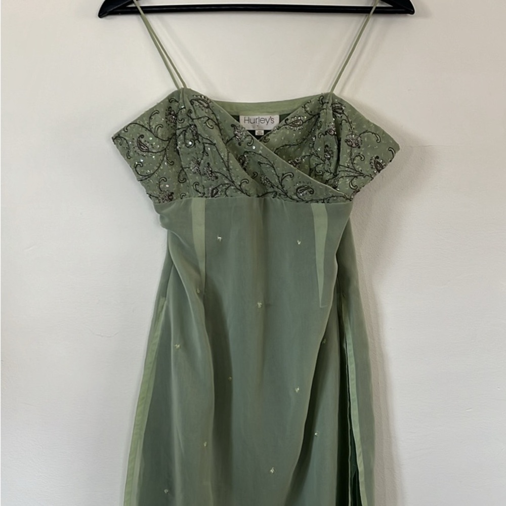 Vintage Y2K Fairy Core Hurley Dress in Sage with Beading